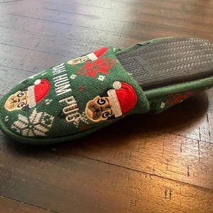 Holiday Time Men's Knit‎ & Sherpa Bah Hum Pug Slippers Scuffs Size Small